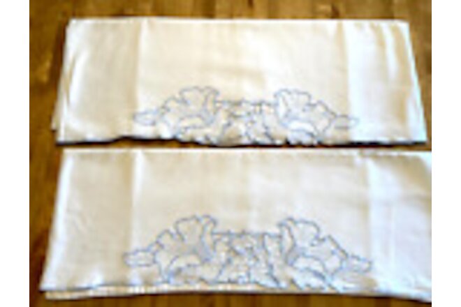 SET PAIR OF Vintage Blue Embroidery Tube Pillowcases - Timeless White