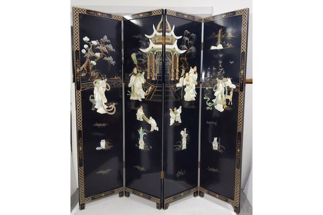 Vintage Chinese Black Lacquer Folding 4 Panel Room Divider Screen Mother Pearl