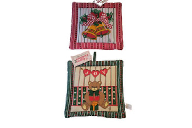 NOS Vintage 2 Puff Pot Holders Christmas Bells & Joy Teddy Bear 7in x 7in - 1988