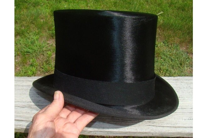 Vtg Victorian Black Silk Plush Top Hat, Collins & Fairbanks Boston, Size 7 1/8