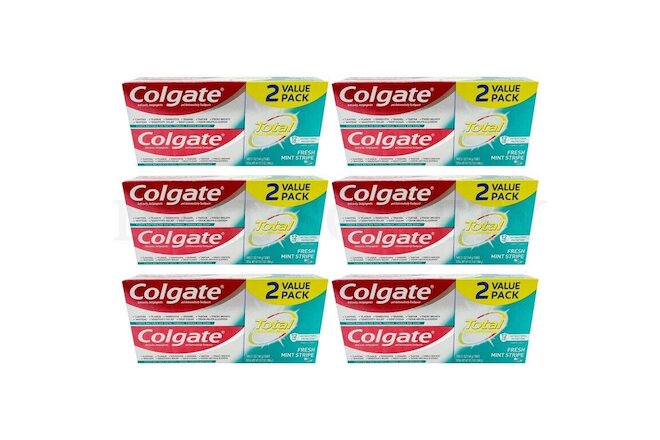 12 Tubes Total -Colgate Total Fresh Mint Stripe Toothpaste 5.1 oz - Lot of 6 Pks