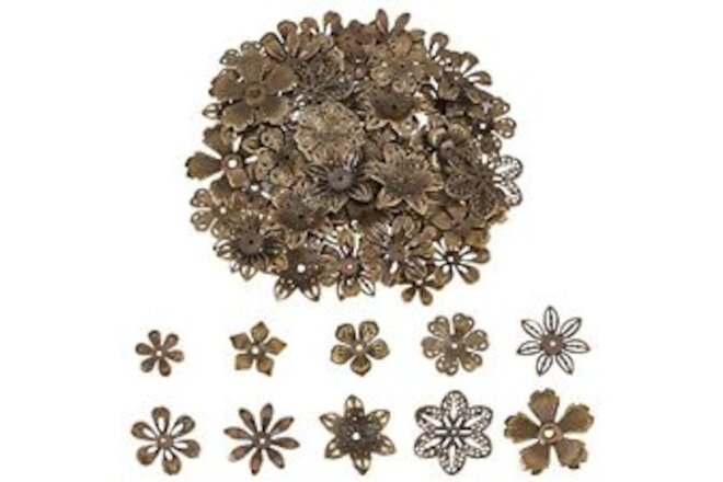 PandaHall 200pcs Flower Spacer Beads 10 Styles Iron 10 Sizes Antique Bronze