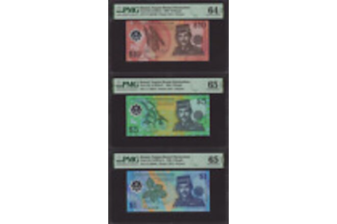 Brunei 1996 - Lot Set of 3 Polymer Notes $10 + $5 + $1 - PMG Choice & Gem UNC
