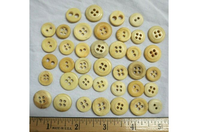 Bovine Bone Sewing Buttons Lot of 39 Antique Vintage 2 and 4 Hole Round Beige