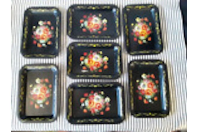 LOT OF 7 SET BLACK FLORAL TIN TOLE WARE METAL TRINKET VANITY TRAYS FLOWERS SMALL
