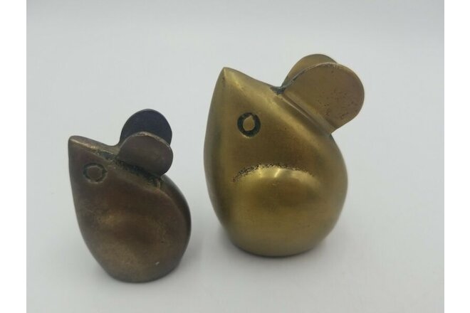Vintage Two Miniature Brass Mice Paperweights With Big Ears