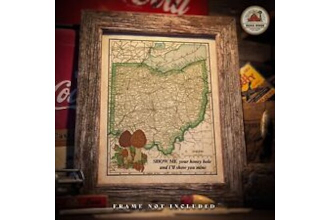Vintage Ohio State Map Art Print Morel Mushroom Hunting Cabin Wall Decor Gift