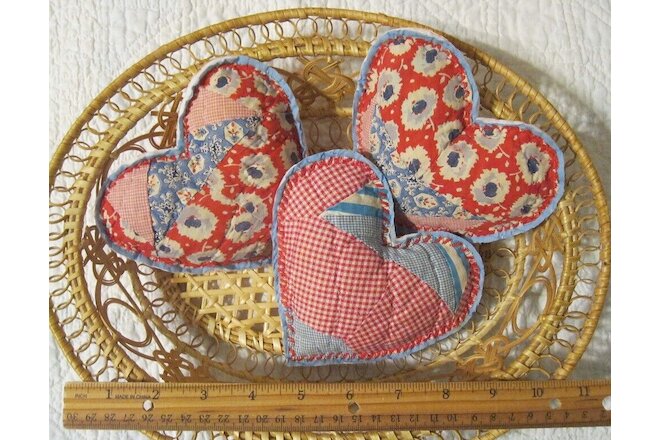 3 Vtg feedsack quilt Hearts pillow tuck bowl fillers Valentines 5" approx