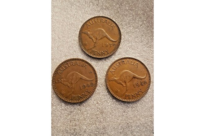 Australia 1939, 1942, 1948 Kangaroo Penny Lot of 3 Coins