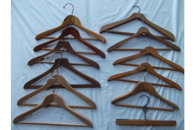 vtg lot 12 wood clothes hanger 17in curved suit pant bar clamp Curtis Leger