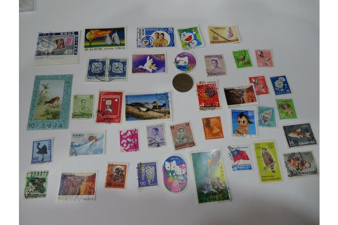 Used Mostly Mixed Asia Postage Stamps Plus A Foreign Coin #197
