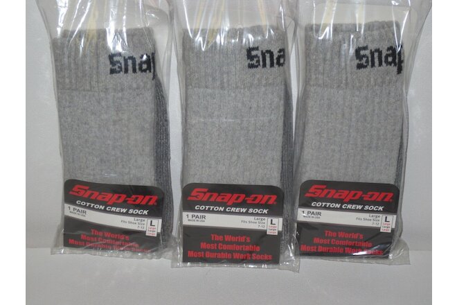 3 PAIRS Snap-On Crew Socks Men's GRAY LARGE ~ FREE SHIPPING ~ MADE IN USA *NEW*