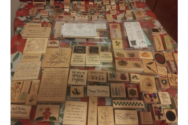 WOODEN RUBBER INK STAMP LOT OF 110+ *UNUSED* LARGE VARIETY OF SIZES AND THEMES