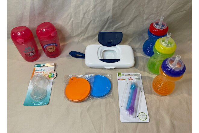 MSRP $55+ Baby Supply Lot 5 Sippy Cups, 2 Can Covers, Straws, Bottle Nipples, St
