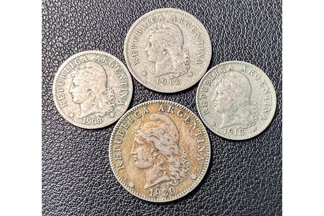 Lot of 4 World Type Coins from Argentina 5 &20 Centavos /1908, 1912,1918 & 1920