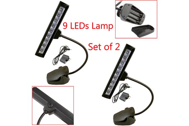 2Pcs 9 LEDs Clip-On Orchestra Music Stand Flexible LED Lamp Light With Adapter