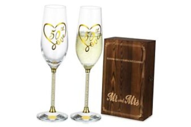 50th Anniversary Champagne Flutes: Set of 2 Crystal Toasting Glasses with Gold