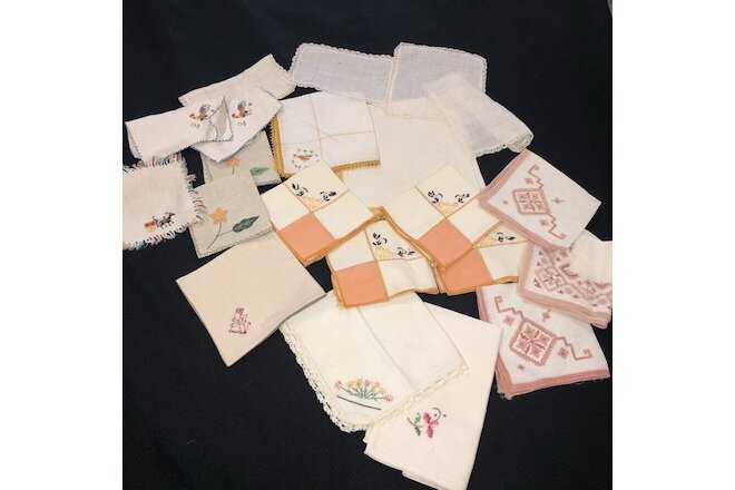 Antique Vintage Hand Embroidered Napkins Lot of 20+ Cutter Craft Use Assortment
