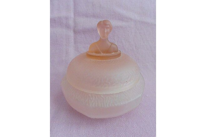 FROSTED GLASS PINK POWDER JAR FEMALE BUST WITH LID