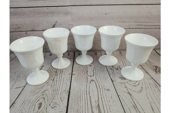 Vintage Indiana Milk Glass Goblets Colony Harvest Grape Footed Lot of 5 WOW🔥