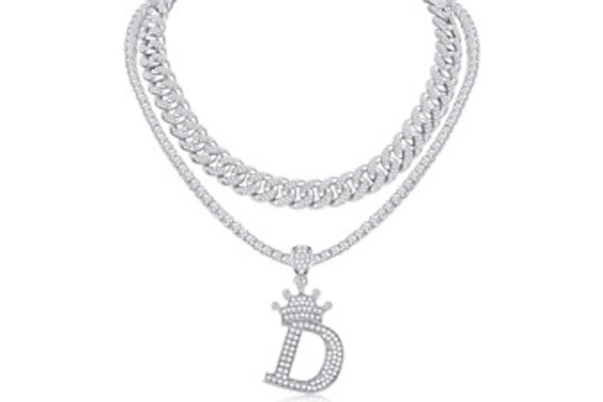 Cuban Link Chain for Women Men Silver Crown Initial Pendant Necklace Iced Out Mi