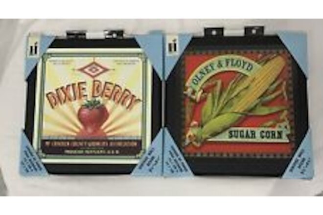 Set 2 Fruit Vegetable Crate Label Trivets Wood Frame w/Hanger Farmhouse Wall Art