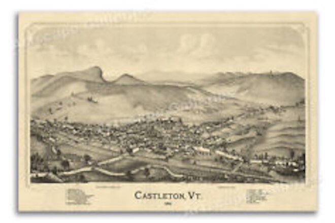 Bird's Eye View 1889 Castleton Vermont Vintage Style City Map - 16x24