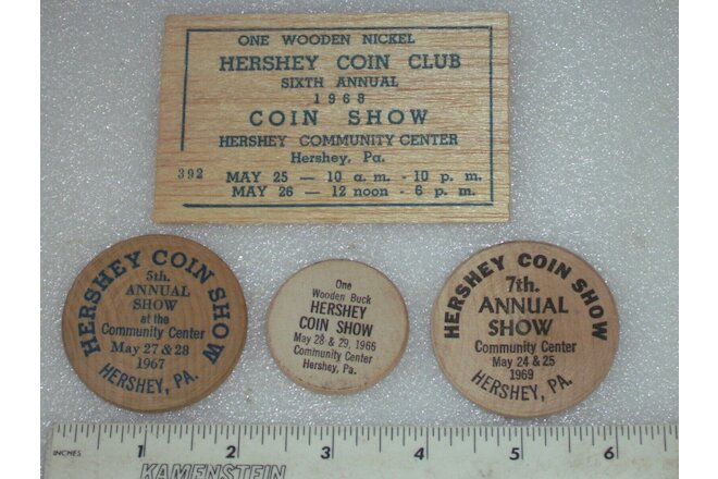 4 Hershey, Pa. coin club inc show wooden nickle, Dollar tokens 1966, 67, 68, 69