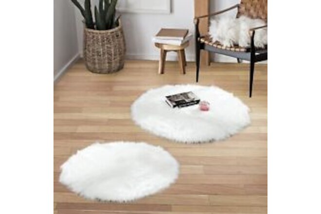 Faux Sheepskin Fur Area Rug White 3x3 Feet 2 Pack, Round Fluffy Soft Fuzzy Pl...