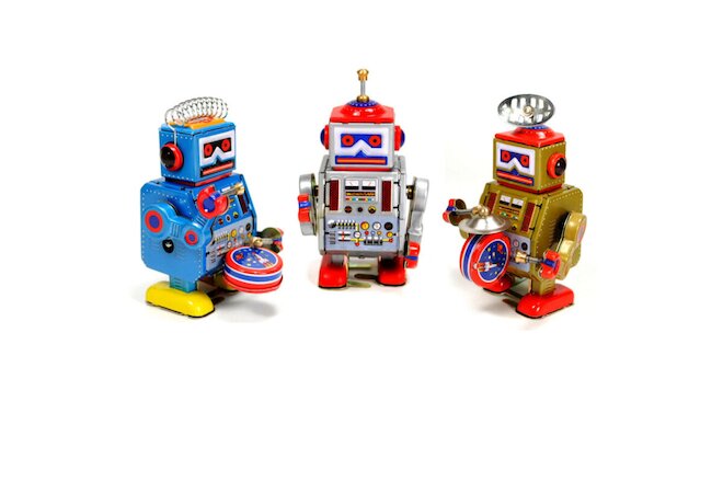 SET OF 3 TIN TOY ROBOT Walking Wind Up Metal SPACE AGE NEW Retro Little Giant