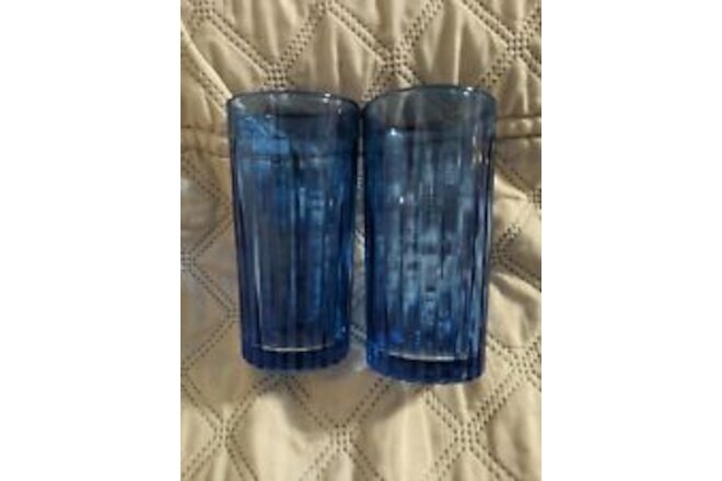 Cobalt Blue Vertical Ribbed Flat Glass Tumblers 12 Ozs Set Of 2 Marked 16 And 9