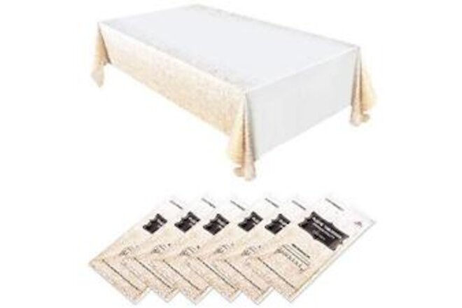 6 Pack Disposable White Plastic Tablecloth Set| Long 8ft Rectangular Length| ...
