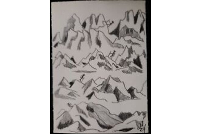 ACEO Graphite Drawing Hiking Over Many Mountains Artwork Miniature