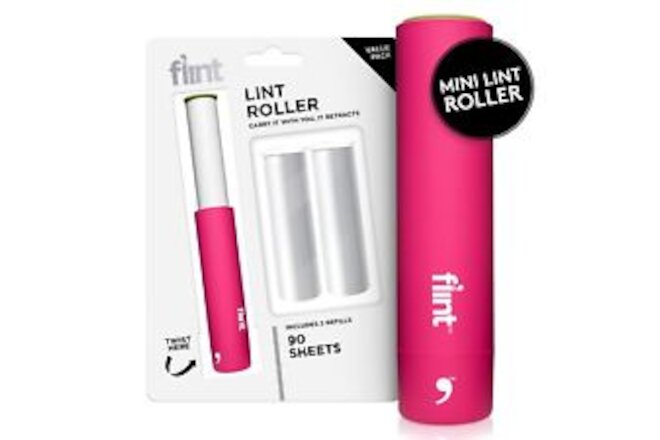 Flint Classic Pink Retractable Mini Lint Roller with 90 Extra Sticky Sheets, ...