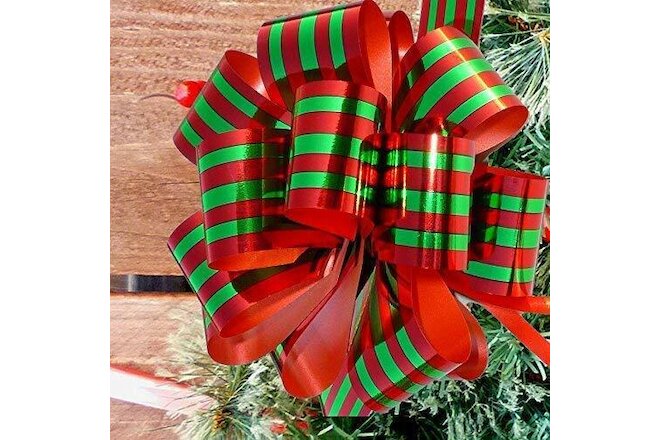 Christmas Gift Wrap Pull Bows - 5" Wide, Set of 6, Metallic Red Green Stripe