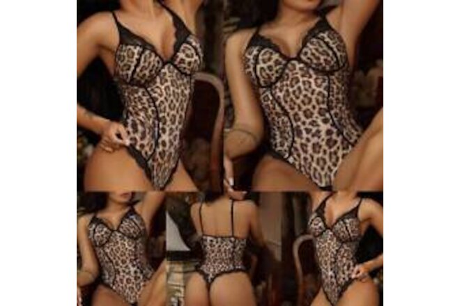 Sexy Women Lace Leopard Bodysuit Lingerie Babydoll Nightwear Sleepwear Underwear