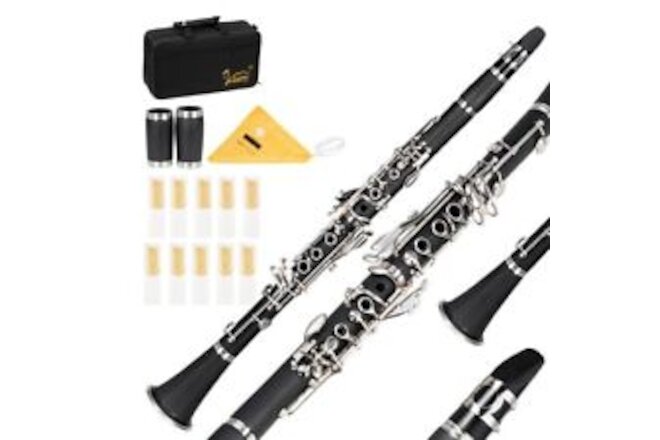Glarry 17 Keys Flat B Black Clarinet with Two Mouthpieces Connector for Beginner