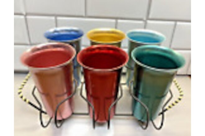 Vintage Set of Six Zephyr Ware Anodized Colorful Aluminum Tumblers with Caddy