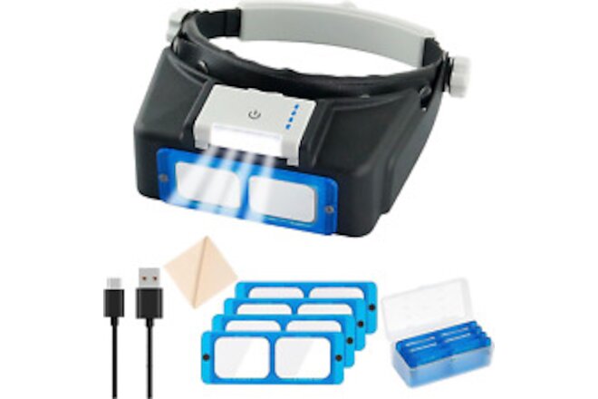 Headband Magnifier with LED Light, Rechareable 1.5X - 3.5X Optical Magnifying He