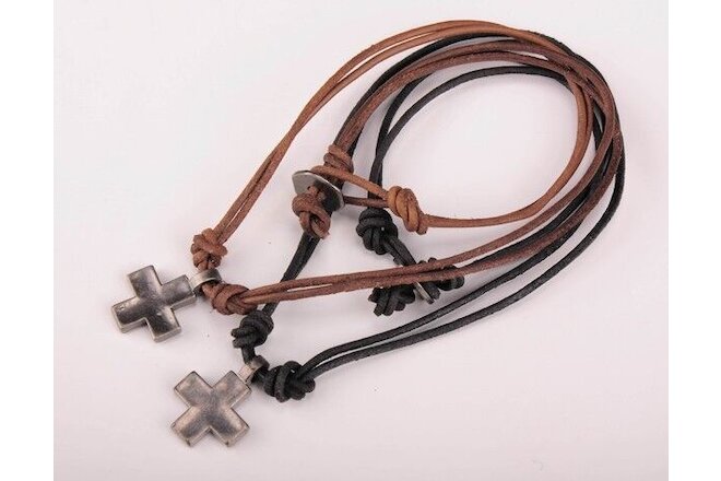 2PCS Black & Brown Double 2mm Leather Surfer Beach Choker Necklace Cross Pendant