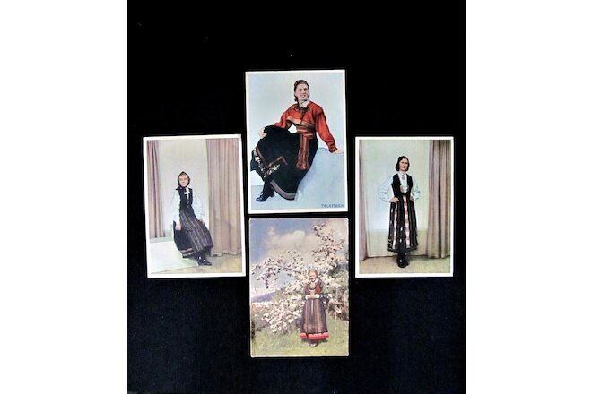 4 Vintage Postcards of Norway Folk Costumes - Norsk arbeid - 4" x 6" - Unposted