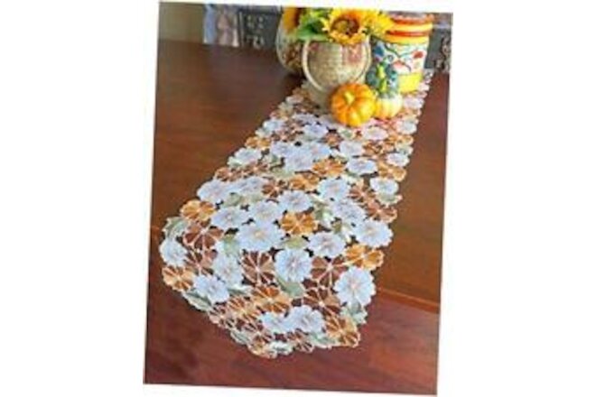Embroidered Flowery Table Runner,Embroidered Runner 13"×54" Light Coffee