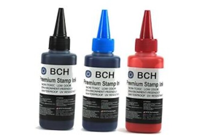 Black Blue Red Stamp Ink Refill by BCH - Premium Grade -2.5 oz (75 ml) Ink Per