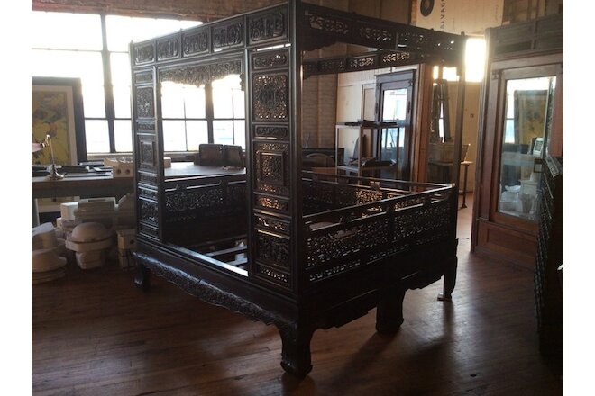 Antique Intricately Carved Wooden Chinese Wedding Bed Missing Canopy #7901