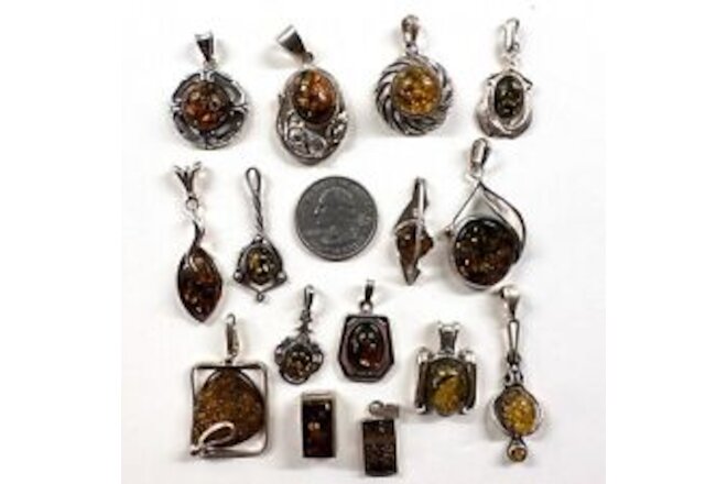 925 Solid Sterling Silver Baltic Amber Clean Shiny Quality Pendants Lot 58 g