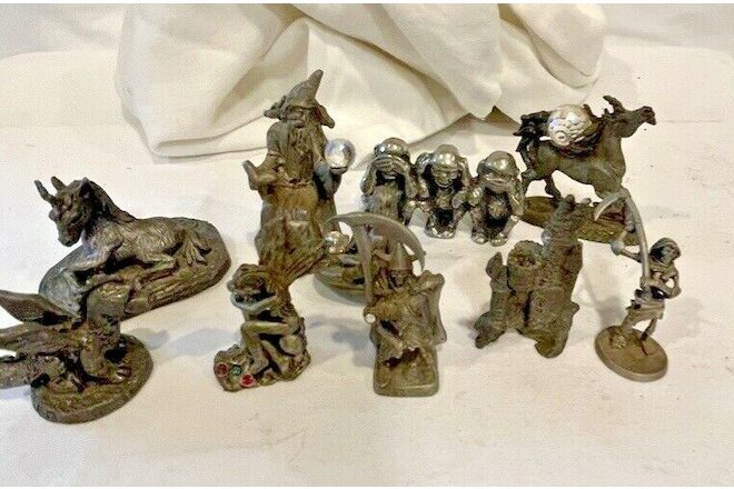 9 Mini Pewter Figurines Lot - Wizard, Unicorn, Monkeys, Castle, Fairy