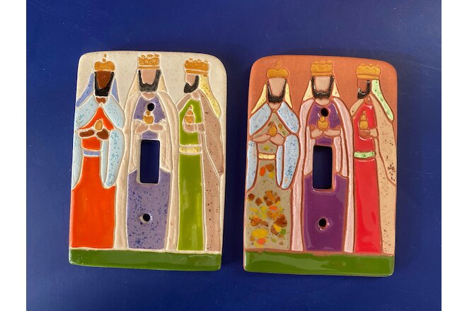 Artist Made Pottery Light Plate Switch Covers 3 Kings Nativity - Set of 2