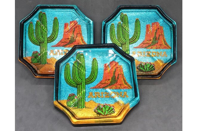 3 Vintage Arizona Lucite Coasters w Cork Backs w Monument Valley Saguaro Cactus