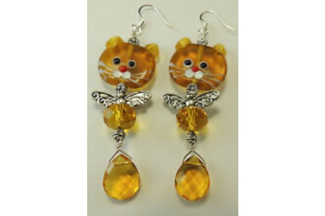 Angel Kitty Cat Lampwork  Earrings with Crystal  Handcrafted
