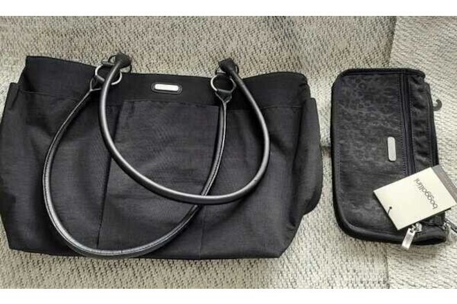 Baggallini  A La Carte Tote leather handles black & pattern make up bag(2) ITEMS